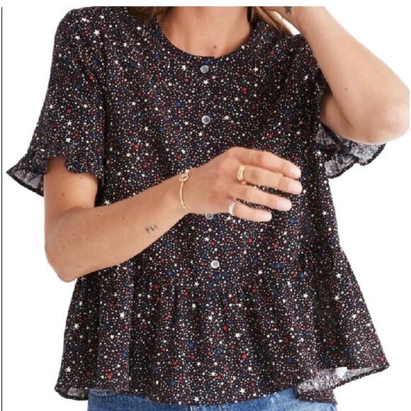 Madewell Studio Ruffle Hem Button Front Peplum Top in Starry‎ Night Black Large - Picture 1 of 11